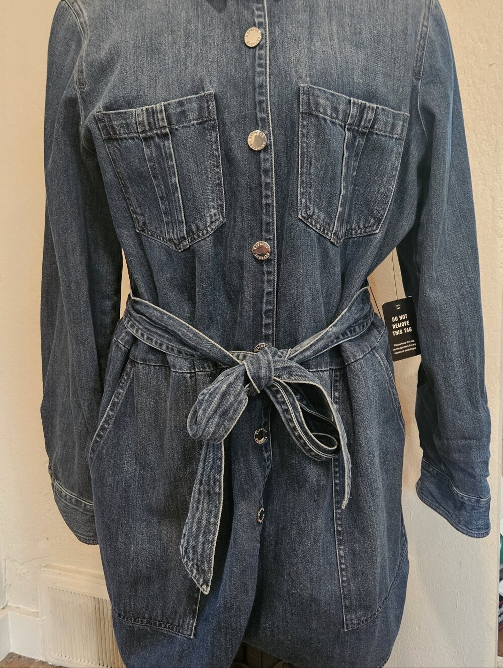 Express Denim Jean Romper Size Large – Button Front Belted Blue Jean Romper for - Picture 3 of 7